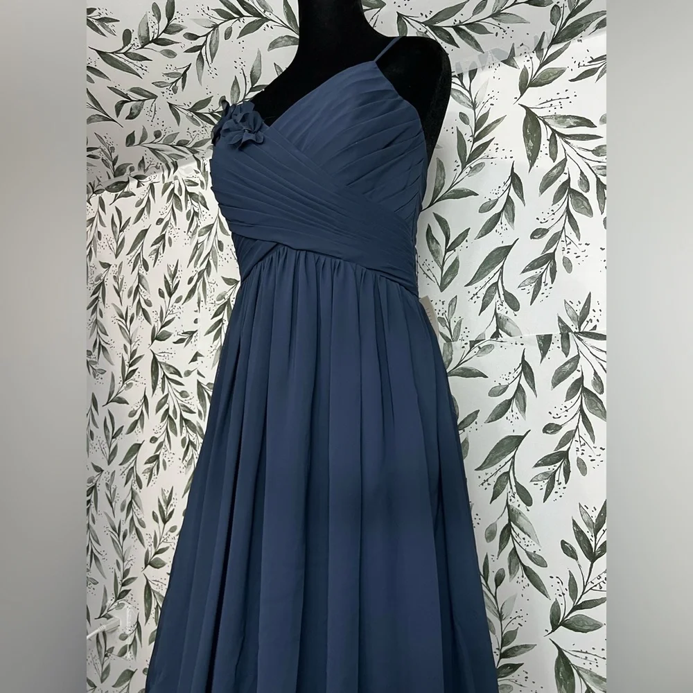 Elegant Navy Blue Evening Gown Bridesmaid Wedding Gala Sz S 6 Maxi NWT #C Plated - Picture 8 of 15